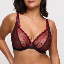 Load image into Gallery viewer, Red and black lace bra worn by a model on a plain background
