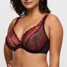 Load image into Gallery viewer, Black and red lace bra worn by a model on a plain background
