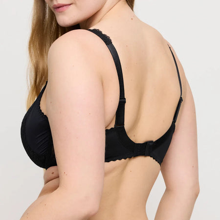 Black bra worn by a model on a plain background