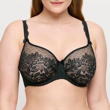 Load image into Gallery viewer, Black lace bra on a plain background
