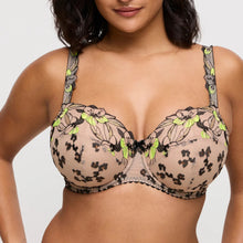 Load image into Gallery viewer, Woman wearing a floral lace bra with green accents on a plain background
