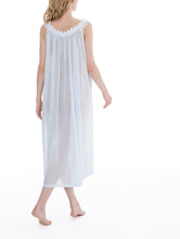 Load image into Gallery viewer, Azure Very beautiful long (123cm) sleeveless nightgown. Lace details on the gentle V neck &amp; wide straps. Flared skirt for ease of movement when sleeping. Made in Germany from the finest pure Swiss cotton, Celestine nightdresses are diaphanous, offering perfect sleep without heaviness. Celestine nightwear, dressing gowns and short robes drop from the shoulder, therefore one size fits all.  Fabric composition:  100% Pure Swiss Cotton. 100% Guipure Cotton Lace. Machine Washable.
