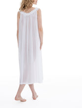 Load image into Gallery viewer, White Very beautiful long (123cm) sleeveless nightgown. Lace details on the gentle V neck &amp; wide straps. Flared skirt for ease of movement when sleeping. Made in Germany from  the finest pure Swiss cotton, Celestine nightdresses are diaphanous, offering perfect sleep without heaviness. Celestine nightwear, dressing gowns and short robes drop from the shoulder, therefore one size fits all.  Fabric composition:  100% Pure Swiss Cotton. 100% Guipure Cotton Lace. Machine Washable.
