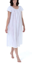 Load image into Gallery viewer, Full length (123cm) short sleeve nightgown. Gorgeous lace at the gently rounded neckline. Flared skirt for ease of movement when sleeping. Made in Germany from the finest pure cotton mousseline, Celestine nightdresses are diaphanous, offering perfect sleep without heaviness. Celestine nightwear, dressing gowns and short robes drop from the shoulder, therefore one size fits all.  Composition: 100% Pure Swiss Cotton 100% Cotton Lace Machine Washable. White..
