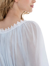 Load image into Gallery viewer, Azure Full Length (126cm) long sleeve nightgown. Lace details on gently rounded neckline and sleeve cuff. Flared skirt for ease of movement when sleeping. Made in Germany from the finest pure Swiss cotton, Celestine nightdresses are diaphanous, offering perfect sleep without heaviness. Celestine nightwear, dressing gowns and short robes drop from the shoulder, therefore one size fits all.  Fabric composition:  100% Pure Swiss Cotton. 100% Guipure Cotton Lace. Machine Washable.
