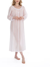 Load image into Gallery viewer, Rose Full Length (126cm) long sleeve nightgown. Lace details on gently rounded neckline and sleeve cuff. Flared skirt for ease of movement when sleeping. Made in Germany from the finest pure Swiss cotton, Celestine nightdresses are diaphanous, offering perfect sleep without heaviness. Celestine nightwear, dressing gowns and short robes drop from the shoulder, therefore one size fits all.  Fabric composition:  100% Pure Swiss Cotton. 100% Guipure Cotton Lace. Machine Washable.
