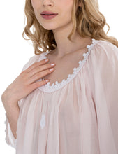Load image into Gallery viewer, Rose Full Length (126cm) long sleeve nightgown. Lace details on gently rounded neckline and sleeve cuff. Flared skirt for ease of movement when sleeping. Made in Germany from the finest pure Swiss cotton, Celestine nightdresses are diaphanous, offering perfect sleep without heaviness. Celestine nightwear, dressing gowns and short robes drop from the shoulder, therefore one size fits all.  Fabric composition:  100% Pure Swiss Cotton. 100% Guipure Cotton Lace. Machine Washable.
