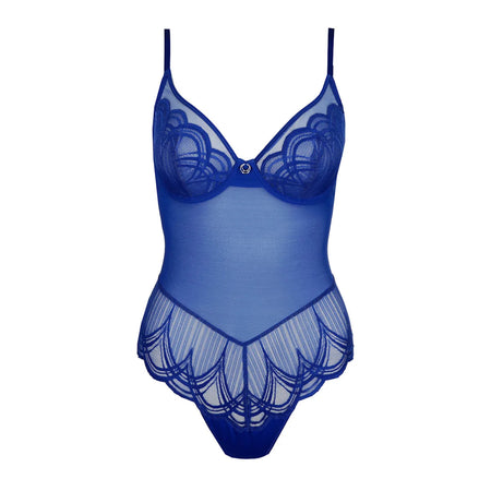 Blue lace lingerie set on a white background