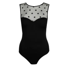 Load image into Gallery viewer, Black swimsuit with sheer top featuring black floral patterns on a white background
