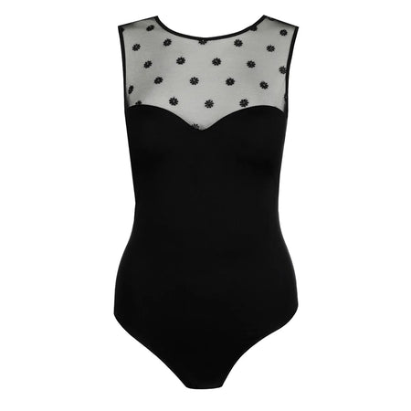 Black swimsuit with sheer top featuring black floral patterns on a white background