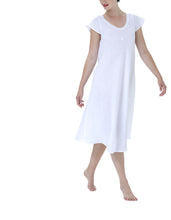 Load image into Gallery viewer, 100% pre-washed linen long (120cm) cap sleeve nightgown. It has capped sleeves and a gently rounded lace trimmed neckline. The skirt is flare and cut on the bias for ease of movement when sleeping. Made in Germany from the finest linen. Celestine nightdresses are for perfect sleep without heaviness. Celestine nightwear, dressing gowns and short robes drop from the shoulder, therefore one size fits all.  Composition: 100% Linen 100% Guipure Lace Machine Washable
