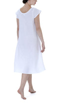 Load image into Gallery viewer, 100% pre-washed linen long (120cm) cap sleeve nightgown. It has capped sleeves and a gently rounded lace trimmed neckline. The skirt is flare and cut on the bias for ease of movement when sleeping. Made in Germany from the finest linen. Celestine nightdresses are for perfect sleep without heaviness. Celestine nightwear, dressing gowns and short robes drop from the shoulder, therefore one size fits all.  Composition: 100% Linen 100% Guipure Lace Machine Washable

