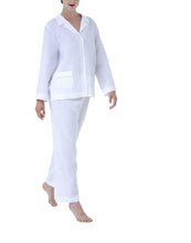 Load image into Gallery viewer, Classic 100% Pre-washed Linen Pyjamas. Revere collar on loose jacket. The pocket on the hip has a feminine lace trim. Full length trousers with a gentle elasticated waist.  Celestine garments are also addictive, so watch out. Once tried, there is no turning back!  Celestine nightwear, dressing gowns, short robes and pyjamas drop from the shoulder, therefore one size fits all.  Composition: 100% Linen 100% Guipure Lace Machine Washable
