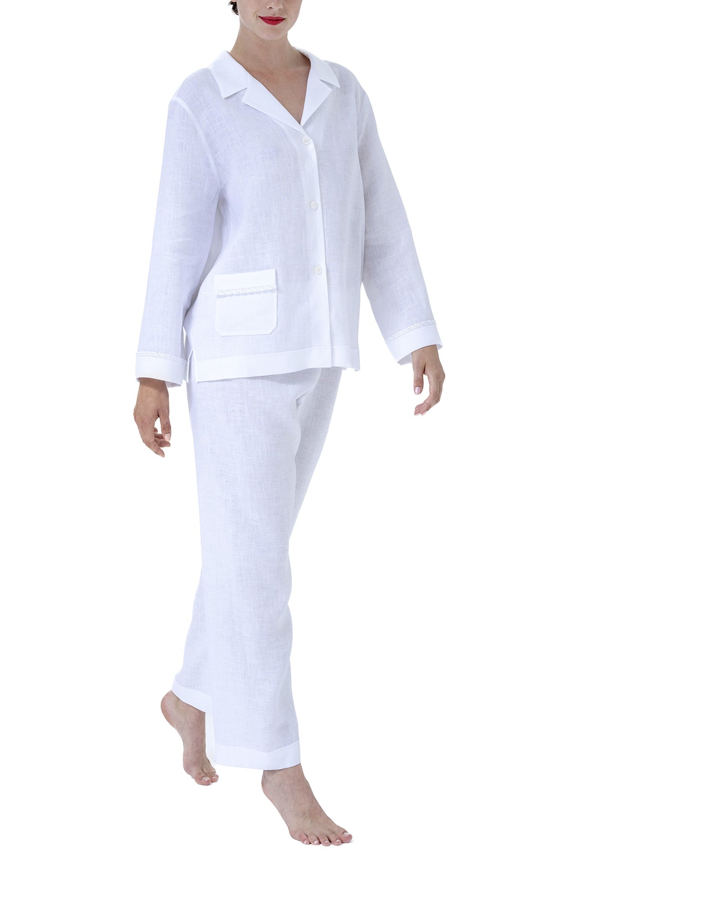 Classic 100% Pre-washed Linen Pyjamas. Revere collar on loose jacket. The pocket on the hip has a feminine lace trim. Full length trousers with a gentle elasticated waist.  Celestine garments are also addictive, so watch out. Once tried, there is no turning back!  Celestine nightwear, dressing gowns, short robes and pyjamas drop from the shoulder, therefore one size fits all.  Composition: 100% Linen 100% Guipure Lace Machine Washable