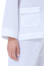 Load image into Gallery viewer, Classic 100% Pre-washed Linen Pyjamas. Revere collar on loose jacket. The pocket on the hip has a feminine lace trim. Full length trousers with a gentle elasticated waist.  Celestine garments are also addictive, so watch out. Once tried, there is no turning back!  Celestine nightwear, dressing gowns, short robes and pyjamas drop from the shoulder, therefore one size fits all.  Composition: 100% Linen 100% Guipure Lace Machine Washable

