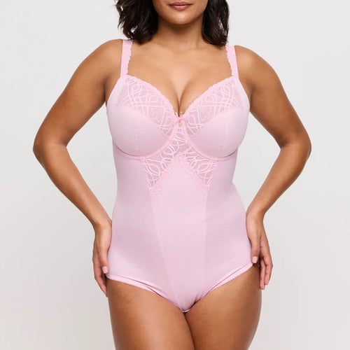 Pink lace bodysuit worn by a model on a plain background
