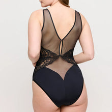 Load image into Gallery viewer, Black lace lingerie set on a plain background
