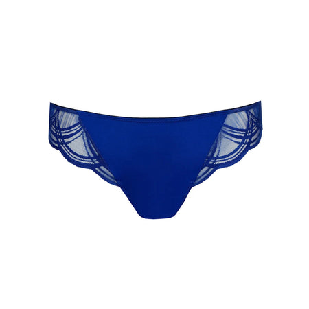 Blue bikini bottom with mesh sides on a white background
