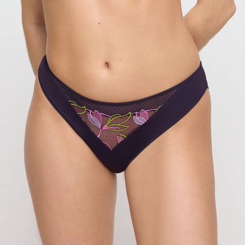 Navy blue lace thong with floral embroidery on a white background