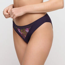 Load image into Gallery viewer, Navy blue bikini bottom with floral embroidery on a white background
