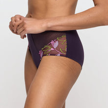 Load image into Gallery viewer, Navy blue bikini bottom with floral mesh detail on a white background
