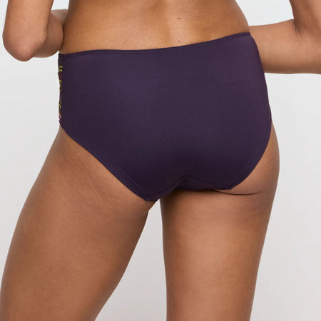 Purple high-waisted bikini bottom on a plain background