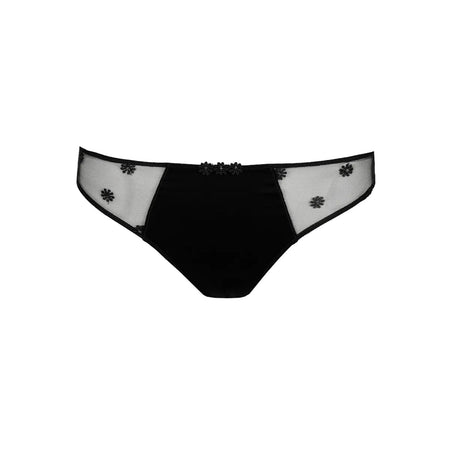 Black lace underwear with floral details on a white background
