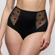 Load image into Gallery viewer, Black high-waisted bikini bottom with sheer panels and black buttons on a neutral background
