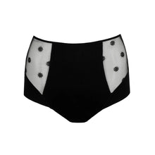 Load image into Gallery viewer, Black high-waisted underwear with sheer panels and floral embellishments on a white background
