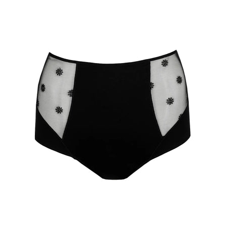 Black high-waisted underwear with sheer panels and floral embellishments on a white background