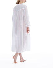 Load image into Gallery viewer, White Full Length (123cm) long sleeve nightgown. Heavy lace throughout the bodice. on the V neckline and long sleeve cuff. Flared skirt for ease of movement when sleeping. Made in Germany from the finest pure Swiss cotton, Celestine nightdresses are diaphanous, offering perfect sleep without heaviness. Celestine nightwear, dressing gowns and short robes drop from the shoulder, therefore one size fits all.  Fabric composition:  100% Pure Swiss Cotton. 100% Guipure Cotton Lace. Machine Washable.
