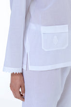 Load image into Gallery viewer, Classic 100% Swiss cotton Pyjamas. Revere collar on loose jacket. There is pocket on the hip and a feminine lace trim on the cuff hem. Full length trousers with a gentle elasticated waist. Made in Germany from the finest pure Swiss cotton, Celestine nightwear is diaphanous, offering perfect sleep without heaviness. Fabric composition: 100% Pure Swiss Cotton. 100% Guipure Cotton Lace. Machine Washable.
