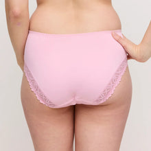 Load image into Gallery viewer, Pink lace underwear worn by a person on a plain background
