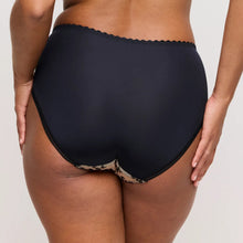Load image into Gallery viewer, Black high-waisted bikini bottom on a neutral background
