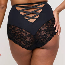 Load image into Gallery viewer, Black lace underwear with criss-cross straps on a neutral background
