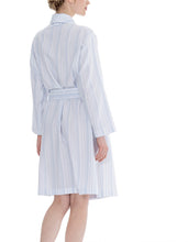 Load image into Gallery viewer, Blue stripe on a white ground, in 100% cashmere soft cotton flannel. Wide belt at the waist with a shawl collar. Inverted side pocket. Soft, stylish and comfortable for perfect lounging. Celestine nightwear, dressing gowns, short robes and pyjamas drop from the shoulder, therefore one size fits all.  Fabric composition: 100% Cotton Flannel. Made in Germany. Machine Washable.
