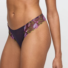 Load image into Gallery viewer, Purple floral bikini bottom on a plain background
