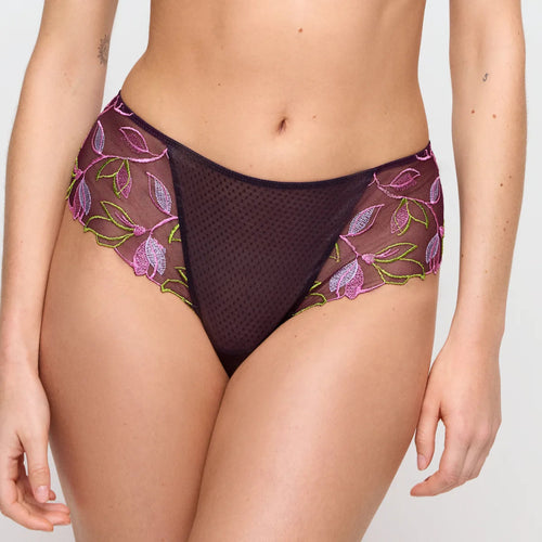 Purple floral patterned underwear on a plain background
