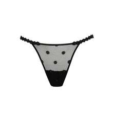 Load image into Gallery viewer, Black lace thong on a white background
