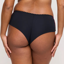 Load image into Gallery viewer, Black high-waisted bikini bottom on a plain background
