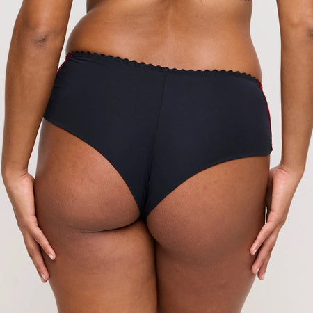 Black high-waisted bikini bottom on a plain background