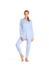 Load image into Gallery viewer, Made from 100% soft mercerised pima cotton, these button fronted pyjamas are the perfect item for lounging or sound sleep. Elastic waist band and cuffed ankles ensure a comfortable and cosy fit.  100% Pure Cotton Made in Europe Machine washable. Blue Glow.
