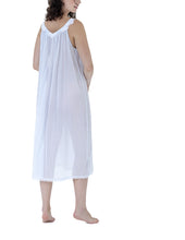 Load image into Gallery viewer, Very beautiful long (123cm) sleeveless nightgown. Lace details on the gentle V neck &amp; wide straps. Flared skirt for ease of movement when sleeping. Made in Germany from the finest pure Swiss cotton, Celestine nightdresses are diaphanous, offering perfect sleep without heaviness. Celestine nightwear, dressing gowns and short robes drop from the shoulder, therefore one size fits all.  Fabric composition:  100% Pure Swiss Cotton. 100% Guipure Cotton Lace. Machine Washable.
