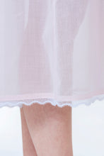 Load image into Gallery viewer, Very beautiful long (123cm) sleeveless nightgown. Lace details on the gentle V neck &amp; wide straps. Flared skirt for ease of movement when sleeping. Made in Germany from the finest pure Swiss cotton, Celestine nightdresses are diaphanous, offering perfect sleep without heaviness. Celestine nightwear, dressing gowns and short robes drop from the shoulder, therefore one size fits all.  Fabric composition:  100% Pure Swiss Cotton. 100% Guipure Cotton Lace. Machine Washable.

