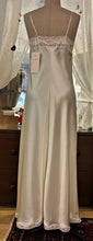 Load image into Gallery viewer, Full length, heavy weight pure silk satin nightdress. The bodice has the most beautiful and intricate lace forming several bands that run to the sides and back. Spaghetti straps, with a V neck style. The skirt is full length and cut on the bias for full movement. The lace trim at the hem completes this traditional and romantic nightgown.  100% Pure Silk Satin Made in UK. Machine washable
