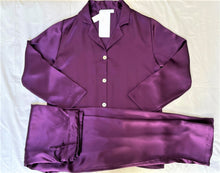 Load image into Gallery viewer, Classic pure silk &#39;men&#39;s style&#39; pyjamas. They are made from19mm 100% pure heavy weight Mulberry silk satin. One seam on the leg for extra comfort.  Mother-of-pearl buttons, elastic waist on the back of the trouser with a drawstring waist to the front.  French seams throughout for that added comfort.  Available in two colourways: Ultramarine Blue and Tyrian Purple.  Composition: 100% Silk.  Made in Italy Machine washable.
