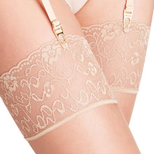 Load image into Gallery viewer, Close up of the lace top of the powder stockings.
