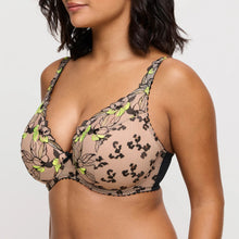 Load image into Gallery viewer, Woman wearing a floral lace bralette with green accents on a plain background
