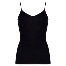 Load image into Gallery viewer, A black spaghetti-strap camisole top with a V-neckline, shown on a plain white background.
