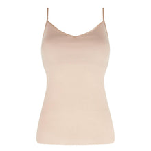 Load image into Gallery viewer, A light beige camisole tank top with thin spaghetti straps and a V-neckline, shown on a plain white background.
